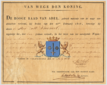 1069 Diploma verleend door de Hoge Raad van Adel van het wapen van de gemeente Zaltbommel