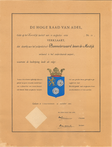 1373 Diploma verleend door de Hoge Raad van Adel van het wapen van het Polderdistrict Bommelerwaard boven de Meidijk
