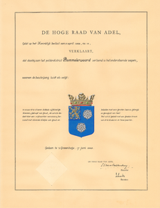 1987 Diploma verleend door de Hoge Raad van Adel van het wapen van het Polderdistrict Bommelerwaard