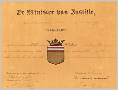 2528 Diploma verleend door de minister van justitie van het wapen van de gemeente Driel
