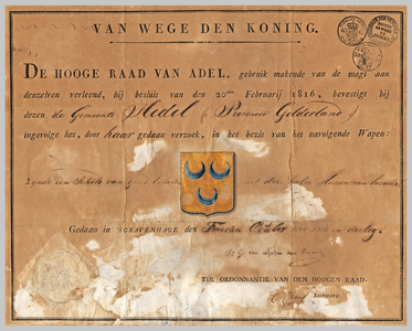 435 Diploma verleend door de Hoge raad van Adel van het wapen van de gemeente Hedel