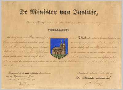 1217 Diploma verleent door de minister van justitie van het wapen van de gemeente Heerewaarden