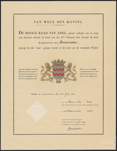 7 Diploma verleend door de Hoge Raad van Adel van het wapen van de gemeente Ammerzoden