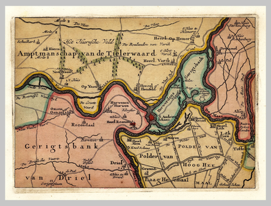 24 Kaart van de gerechtelijke indeling van de Oost Bommelerwaard / Gerichtsbank Driel en gerichtsbank Heerewaarden, [1750]