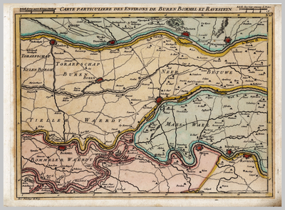 A100018 Carte particuliere des environs de Buren, Bommel et Ravesteyn [Kaart van een deel van de Gelderse waarden; ...