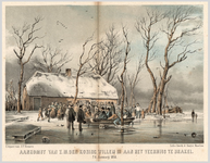 A100108 Een groep mensen kijkt toe hoe koning Willem I in een roeibootje aan land komt bij het veerhuis te Brakel. Op ...
