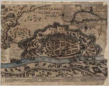 73 ABCONTRAFEITUNG DER STAT BOMMEL : plattegrond van Zaltbommel met verdedigingswerken tijdens het beleg van 1599, ...
