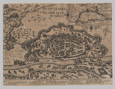75 ABCONTRAFEITUNG DER STAT BOMMEL : plattegrond van Zaltbommel met verdedigingswerken tijdens het beleg van 1599, ...