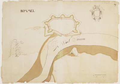C100095 Plattegrond, genummerd 19, van de vestingwerken van Zaltbommel en de ligging van de stad aan de Waal tegenover ...