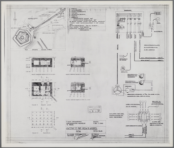  Tekening voor de bouw van een kazemat op fort Nieuw Sint Andries, situatietekening, doorsnede, funderingsplan, ...