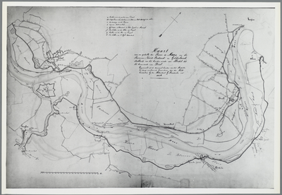 C100215 Kaart van een gedeelte der rivier de Maas in de provincie Noord Braband en Gelderland, strekkende van het ...