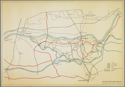 C100176 Kaart van de Bommelerwaard met daarop ingekleurd de rivieren, dijken, (geplande) wegen,, [1969]