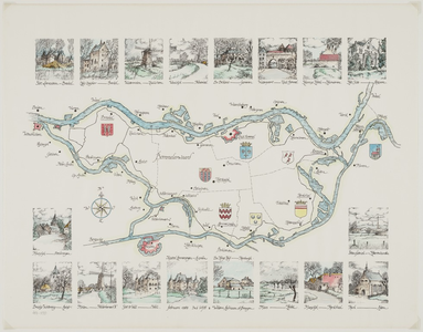 C100132 Kaart van de Bommelerwaard met de gemeentegrenzen, met tekeningen van opmerkelijke gebouwen en dorpsgezichten ...
