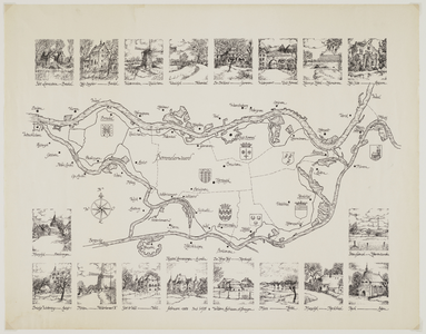 C100143 Kaart van de Bommelerwaard met de gemeentegrenzen, met tekeningen van opmerkelijke gebouwen en dorpsgezichten ...