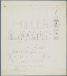  Reconstructietekening van de Hervormde kerk te Rossum ca. 1850 (Plattegrond, doorsnede kerk en toren en Westzijde ...