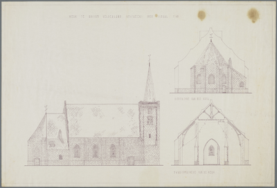  Reconstructietekening van de Hervormde kerk te Rossum ca. 1850 (Oostgevel, achterzijde koor, dwarsdoosnede schip), [1963]