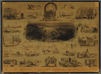 C100220 Prent van de watersnood in de Bommelerwaard in 1861, met 24 taferelen: verblijf der noodlijdenden in de ...