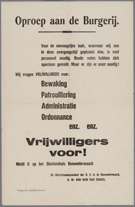 B100002 Oproep na de bevrijding van de districscommandant van de Binnenlandse Strijdkracht D.W. van Dam van Brakel om ...