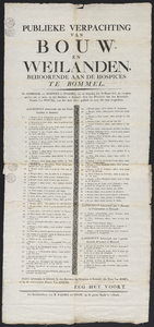 E100082 Bekendmaking van de publieke verpachting op 30 maart 1813 van bouw- en weilanden van de 'hospices' ...
