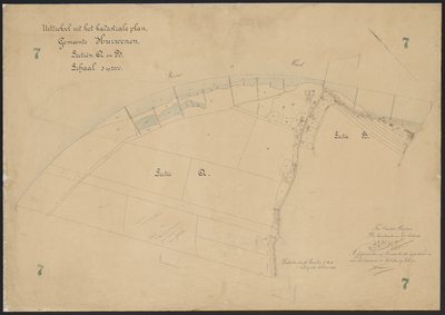 E100090 Uittreksel uit het kadastrale plan van de gemeente Hurwenen, secties A en B, uiterwaard nabij de steenfabriek, [1902]