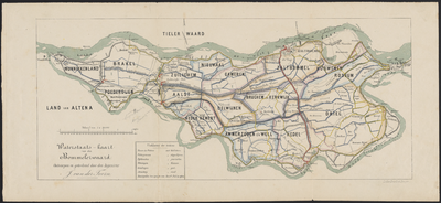 C100098 Waterstaats-kaart van den Bommelerwaard, met de grenzen van de dorpspolders en jaartallen van dijkdoorbraken, [1867]