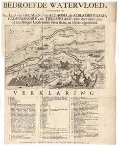 B100117 Kaart van de watersnood van 1740-1741 in het rivierengebied, met legenda, [1740-1741]