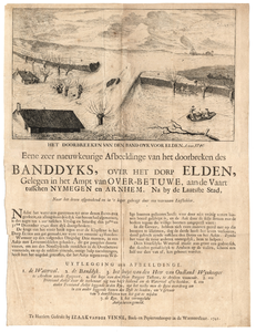 B100116 Het doorbreeken van den band-dyk voor Elden, Anno 1740