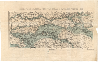 B100123 De overstroomde landen aan Rijn, Waal en Maas in januarij en februarij 1861 [Kaart van de overstroomde gebieden ...