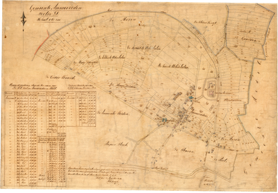 318 Kaart van de kadastrale gemeente Ammerzoden, sectie D (dorp) met daarop aangetekend een lijst van de eigendommen ...