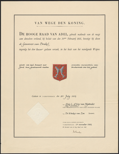 10263 Afschrift van het diploma verleend door de Hoge Raad van Adel vanj het wapen van de gemeente Brakel verleend op ...