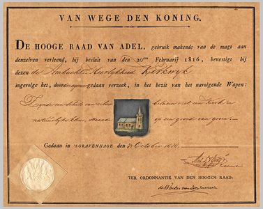 182 Diploma verleend door de Hoge raad van Adel van het wapen voor de ambachtsheerlijkheid Kerkwijk