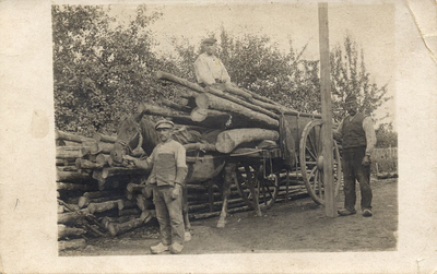7-31 Drie personen staand bij een kar volgeladen met boomstammen. Vlnr: 1. Voerman Josje van Hemert, 2. houthandelaar ...