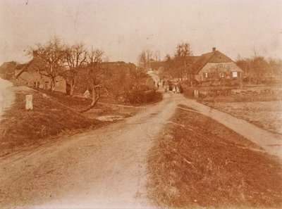 21-336 Een groepje mensen in en straat en enkele boerderijen met wat bomen ervoor.