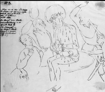 22-17112 Afbeelding, doorgetrokken door C. Leemans, naar een schets van ds. C. Hooijer, van een voorstelling in de Sint ...