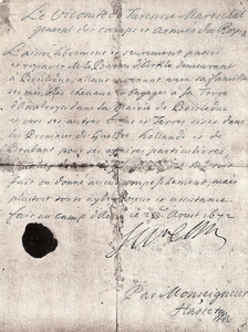 4-1396 Brief uit huisarchief Ammersoyen, vrijgeleide graaf van Turenne, 1672