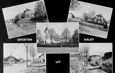 2-355 Groeten uit Aalst, met vijf inzetten: watermolen, boerderij Hambloksestraat, hervormde kerk, kerkpad en ...