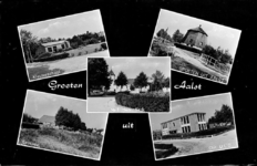 2-358 Groeten uit Aalst, met vijf inzetten: kleuterschool, watermolen, hervormde kerk, kerkpad en christelijke ULO