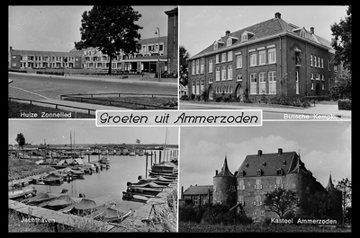 4-2307 Groeten uit, met vier inzetten: bejaardentehuis Het Zonnelied, 't Bussche Kempke, jachthaven en kasteel Ammersoyen