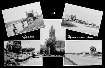 11-568 Groeten uit, met vijf inzetten: sluis Sint Andries, wegrestaurant De Buke, hervormde kerk, woonboot aan de Maas, ...