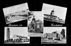 14-1860 Groeten uit, met vijf inzetten: Oude Maas, molen, gemeentehuis, katholeike kerk en hervormde pastorie Johanna ...
