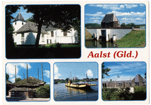 2-10037 Groeten uit Aalst met vijf inzetten: Hervormde kerk, H.C. de Jongh gemaal, hooiberg, veer en dorpshuis 't Gement
