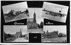3-10007 Kaart met vijf inzetten: veerweg, veerpont, katholieke kerk, Hervormde kerk en katholieke lagere school