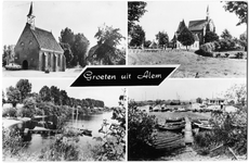 3-10016 Groeten uit, met vier inzetten: Hervormde kerk, katholieke kerk en twee opnamen van de camping en haven