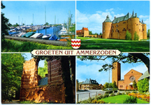 4-10089 Groeten uit Ammerzoden, met 4 opnamen: jachthaven, kasteel Ammersoyen, Hervormde ruïne kerk en rkatholieke kerk