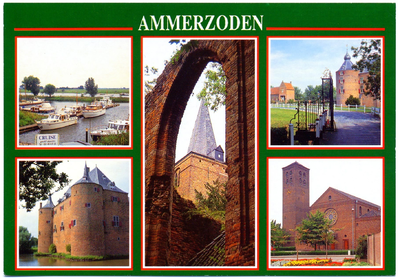 4-10092 Ammerzoden, met 5 opnamen: jachthaven, kasteel Ammersoyen (2x), Hervormde ruïne kerk, katholieke kerk