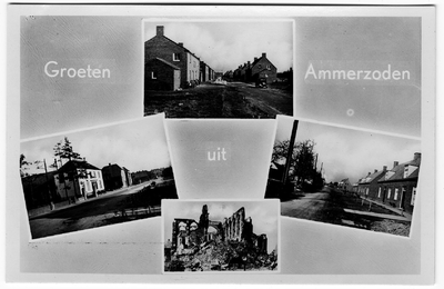 4-10113 Groeten uit, met vier inzetten: Reeuwijkstraat, Ammerstraat, Hogesteeg en vernielde katholieke kerk
