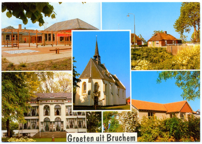 7-10046 Groeten uit Bruchem, met vijf inzetten: Christelijke lagere school, Christelijke kleuterschool, hervormde kerk, ...
