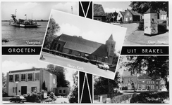 6-10099 Groeten uit, kaart met vijf inzetten: veerpont, dorpspomp, Hervormde kerk, gemeentehuis en Het Spijker