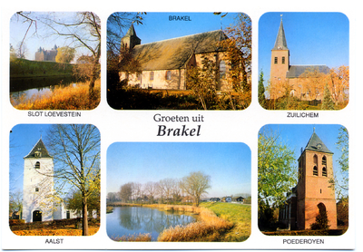 1-10002 Groeten uit Brakel (gemeente), met zes inzetten: Slot Loevestein, hervormde kerk Brakel, hervormde kerk ...