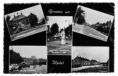 10-10117 Groeten uit met vijf inzetten: gemeentehuis, Uithovenschestraat, monument gevallenen Bommelerwaard, jachthaven ...